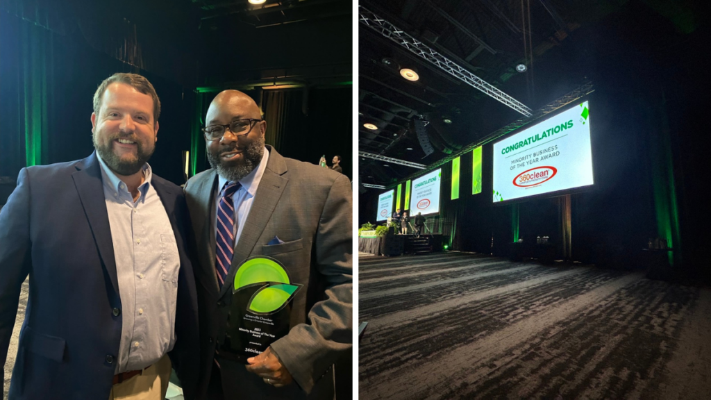 360clean franchisee Lorenzo Bates - pictured with COO Martin Mascio - honored with Greenville Chamber Minority Business of the Year Award